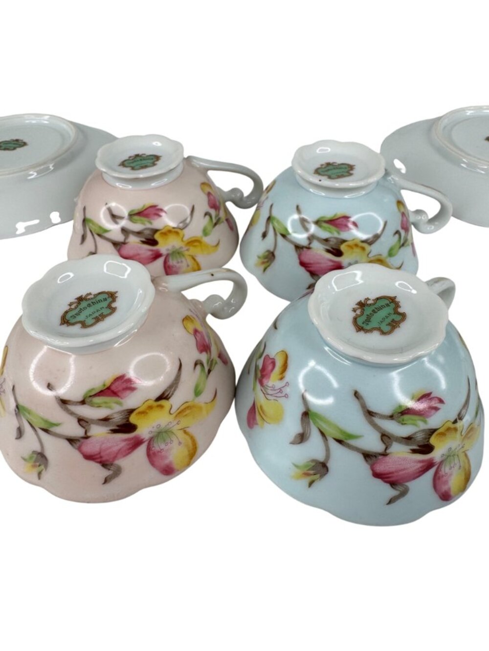 Japanese Jyoto China Floral Tea Cup & Saucer Set Porcelain 4-Piece Pastel Vtg - Picture 5 of 16